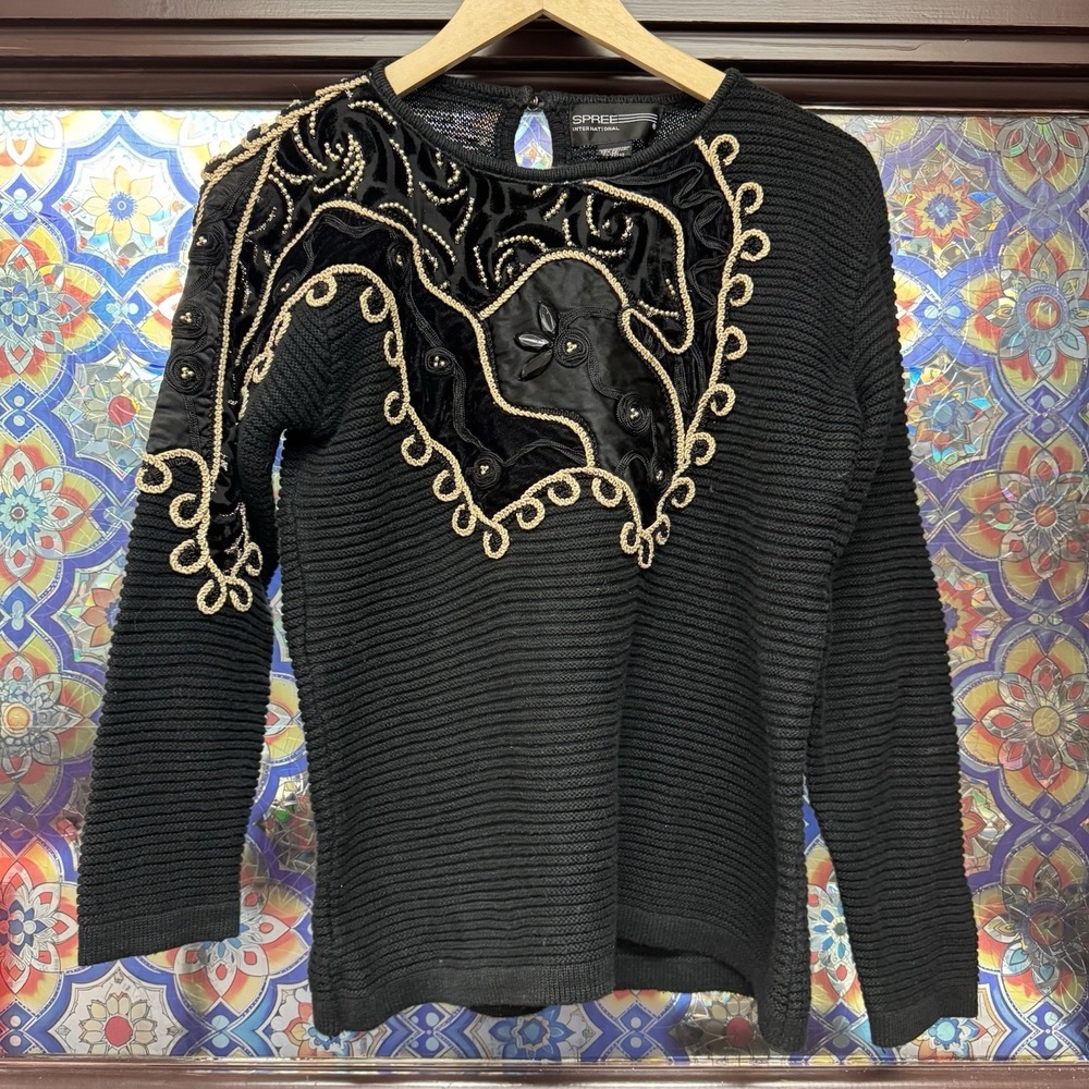 Vtg Spree Intl Medium Black‎ Gold Bead Sequin Shoulder Pullover Sweater Ribbed